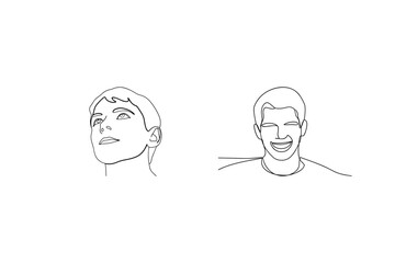 Minimalist line drawings of two men representing diverse emotions smiling and contemplating
