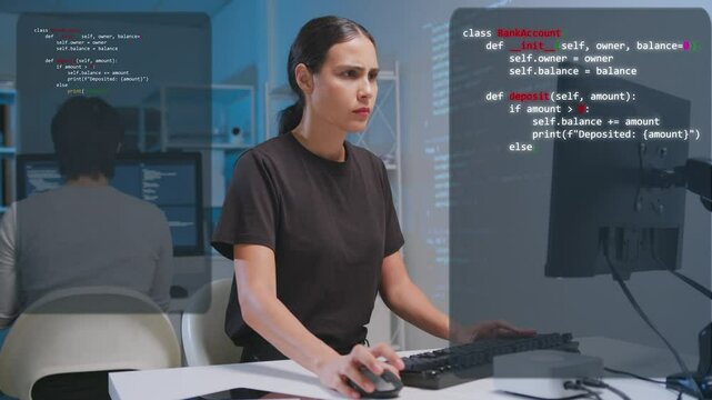 Focused Female Software Engineer Writing Code on Desktop Computer, Software, coding hologram and woman in data analytics, programming and cybersecurity research on computer. coding Pragrammer