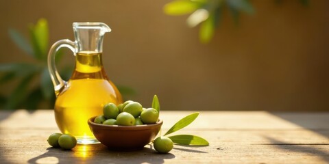 A rustic still life featuring a glass decanter of golden olive oil and a bowl of fresh green olives, bathed in warm sunlight on a wooden surface.