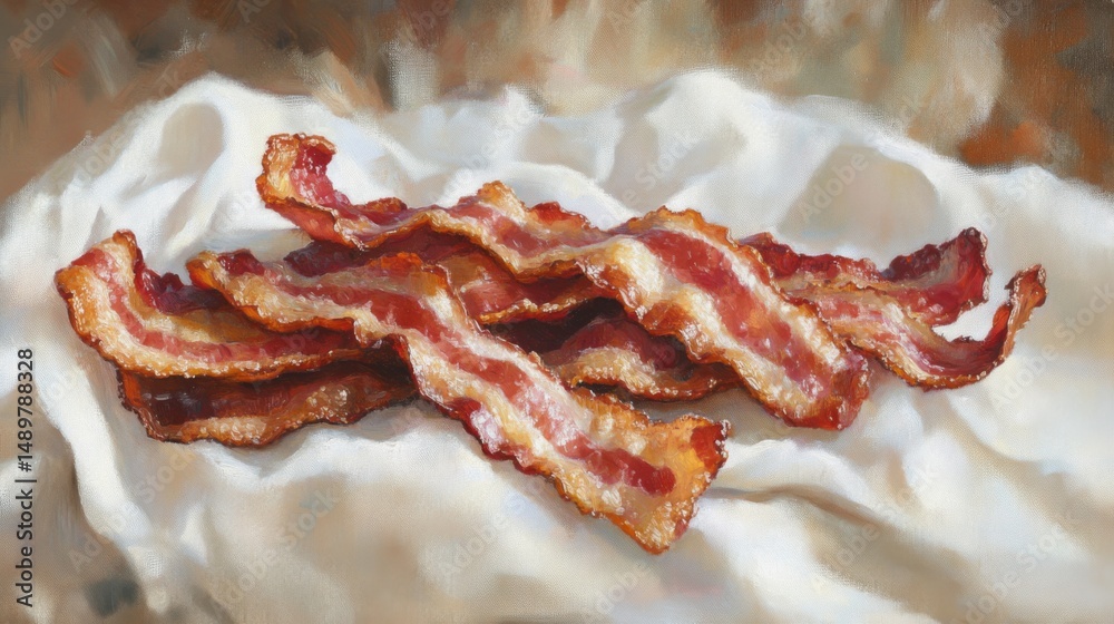 Poster crispy bacon slices resting on a white napkin, with the marbled fat and golden edges catching the li