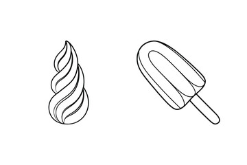 Simple black and white line drawings of ice cream cone and popsicle on white background