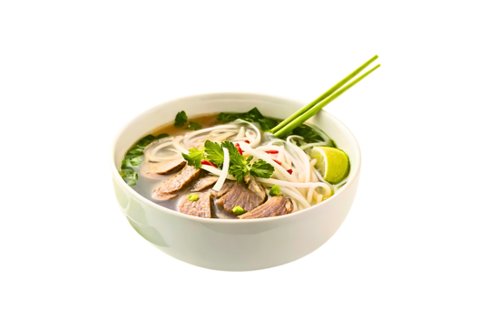 Vietnamese Pho Noodle Soup and Condiments on Transparent Background