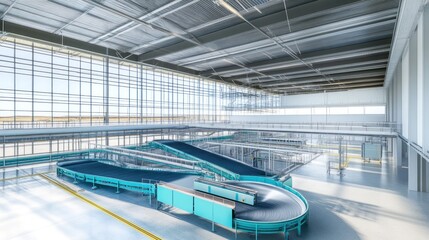 Airport baggage handling system, conveyor belts, sunlight, modern facility, logistics