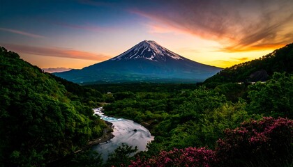Majestic view of Mount Fuji at sunset, with a flowing river and vibrant green forest, showcasing nature's beauty and tranquility in Japan.