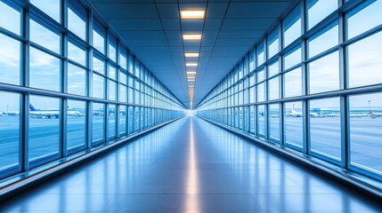 Airport Jet Bridge Passengers Walking, Planes Visible