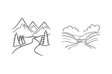 Hand-drawn line art illustrations showcasing scenic landscapes with mountains and rolling hills and roads.