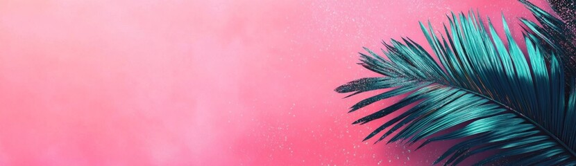 Obraz premium Exotic Teal Palm Frond Against a Dreamy Pink Background with Glitter