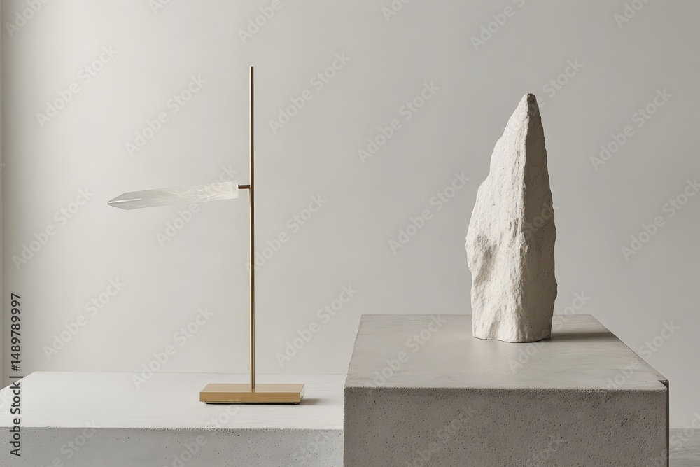 Poster Minimalist display of decorative objects on a light gray platform.