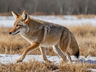 A full-body shot of a coyote walking forward