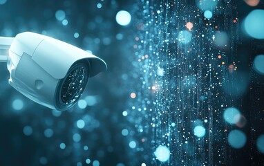 Modern surveillance camera against a backdrop of digital data.  A white security camera is highlighted against a dynamic display of flowing data streams, showcasing advanced technology and security