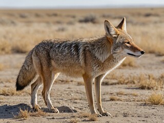 A full-body shot of a coyote standing and looking forward