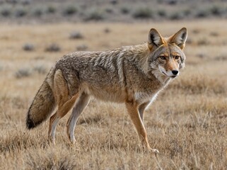 A full-body portrait of a coyote walking forward