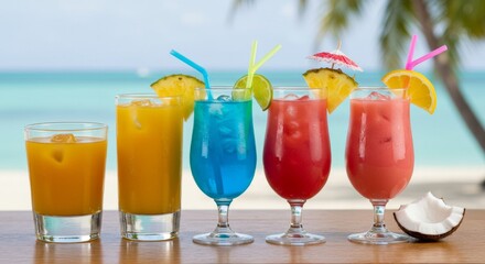 Assortment of Colorful Tropical Cocktails on Beach