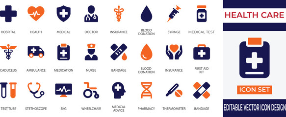 A clean and modern healthcare and medical icon set featuring hospital, doctor, nurse, ambulance, syringe, stethoscope, wheelchair, and more. Ideal for medical apps, clinics and hospital-related design