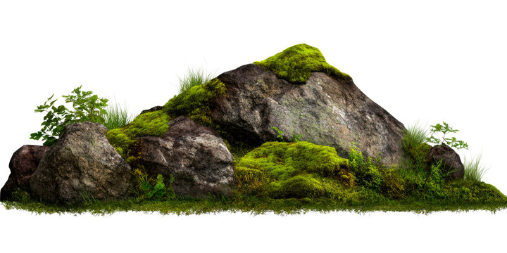 Mossy rocks with vibrant grasses and plants, cut out transparent
