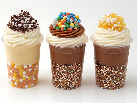 Three layered dessert cups with whipped cream and toppings