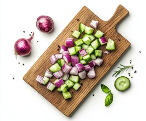 Chopped cucumber and red onion on a wooden board