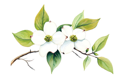 Watercolor dogwood flowers blooming branch springtime illustration with transparent background vector
