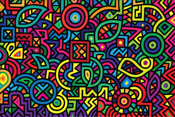 A vector background filled with vibrant ethnic symbols and dynamic line doodles, creating a joyful and culturally rich visual experience with artistic flair.