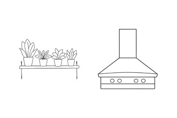 Minimalist black and white line art featuring houseplants and kitchen range hood