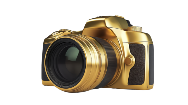 Glamorous golden camera with prime lens, modern style, cut out transparent