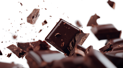 A chocolate bar is being broken into pieces, with the pieces flying in all directions. Concept of chaos and destruction, as the chocolate is being torn apart
