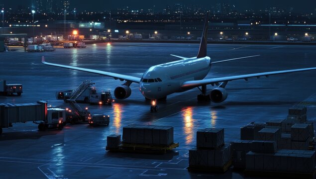 Nighttime airport scene with jetliner