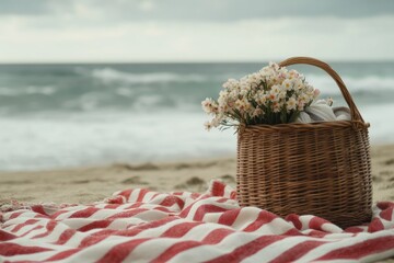 Picnic basket on beach blanket
