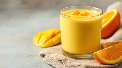 Fresh Tropical Fruit Smoothie with Mango and Orange in a Glass on a Soft Background