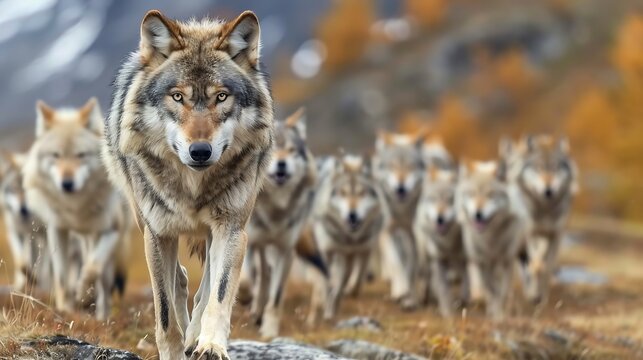 pass A majestic wolf leads its pack across a mountain
