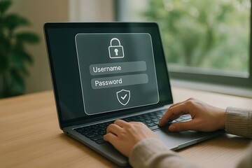 Close-up of hands typing login credentials on a laptop displaying a secure login screen.