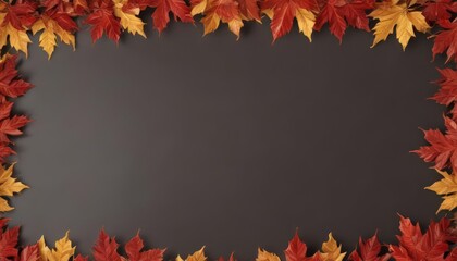 Vibrant red and gold maple leaves frame a blank space ,  crisp,  november,  garden