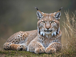 Obraz premium A full-body image of a lynx lying down with front legs extended