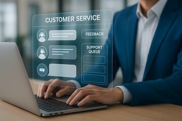 A man in a suit uses a laptop to manage customer support requests. The screen displays a customer service interface.