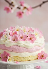 Naklejka premium Layered Pink Cake with Cherry Blossoms