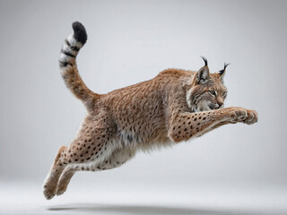 A full-body action shot of a lynx captured mid-leap