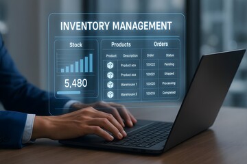 Close-up of hands on laptop, inventory management interface displayed.