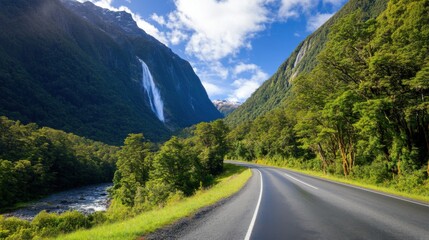Naklejka premium A scenic road meanders through a vibrant green valley, flanked by towering mountains. A stunning waterfall tumbles down, glistening in the sunlight, creating a picturesque setting