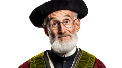 Distinguished older scholar portrait, ceremonial dress, smiling, cut out transparent