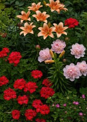 Vibrant Red Pink and Orange Flowers in Lush Garden