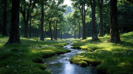Obraz premium A tranquil forest features vibrant green trees and a crystal-clear stream winding through the lush undergrowth. Delicate flowers bloom amidst the greenery under bright sunlight