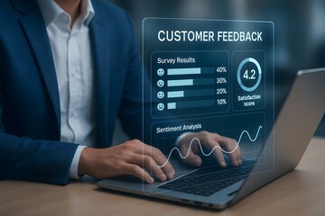 A man in a suit reviews customer satisfaction scores and sentiment analysis on his laptop.