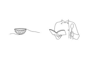 Minimalist illustration of a chef with a cookbook and a bowl in one continuous line