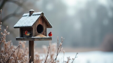 Winter Wonderland Two Crimson Birds Share a Snowy Birdhouse Feast in a Frosty Garden