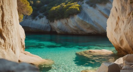 Naklejka premium Tranquil Turquoise Waters of a Hidden Cove Surrounded by Rugged Cliffs, Mallorca.