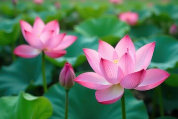 Fototapeta premium Delicate pink lotus flowers, minimalist horizontal banner, photography, summer