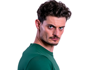 Serious man with green shirt glancing over, cut out transparent