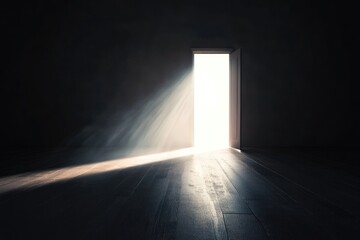 A dark room with a door to a bright unknown