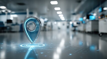 3D holographic location pin in futuristic clean hospital corridor with depth of field ideal for healthcare tech, logistics, and smart facility visuals