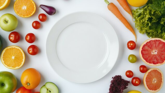 Empty plate surrounded by colorful fruits and vegetables - Powered by Adobe